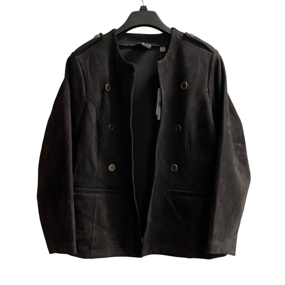 Tahari Womens Blazer Black Faux Suede Leather Jacket Open Front Size 1X Office